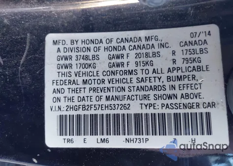 2014 Honda Civic Lx z USA, uszkodzony, nr VIN 2HGFB2F57EH537262